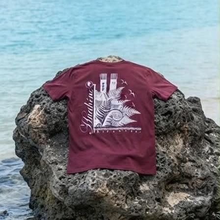 T-shirt bordeaux posé sur un rocher au bord de l'eau