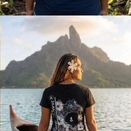 Femme en t-shirt noir face au mont Otemanu à Bora Bora